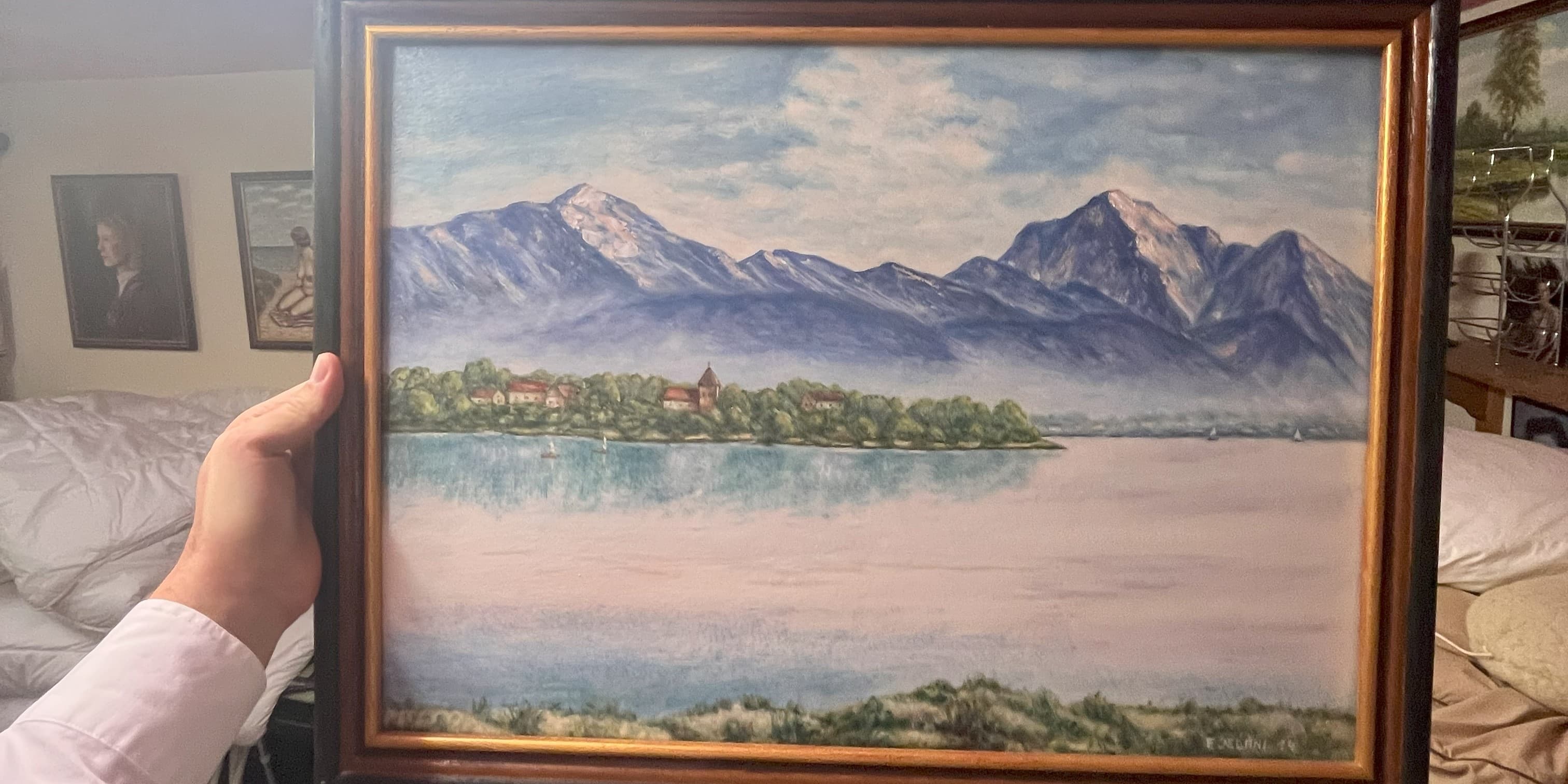 Photo of an image of my grandfather, depicting the Chiemsee in southern Germany